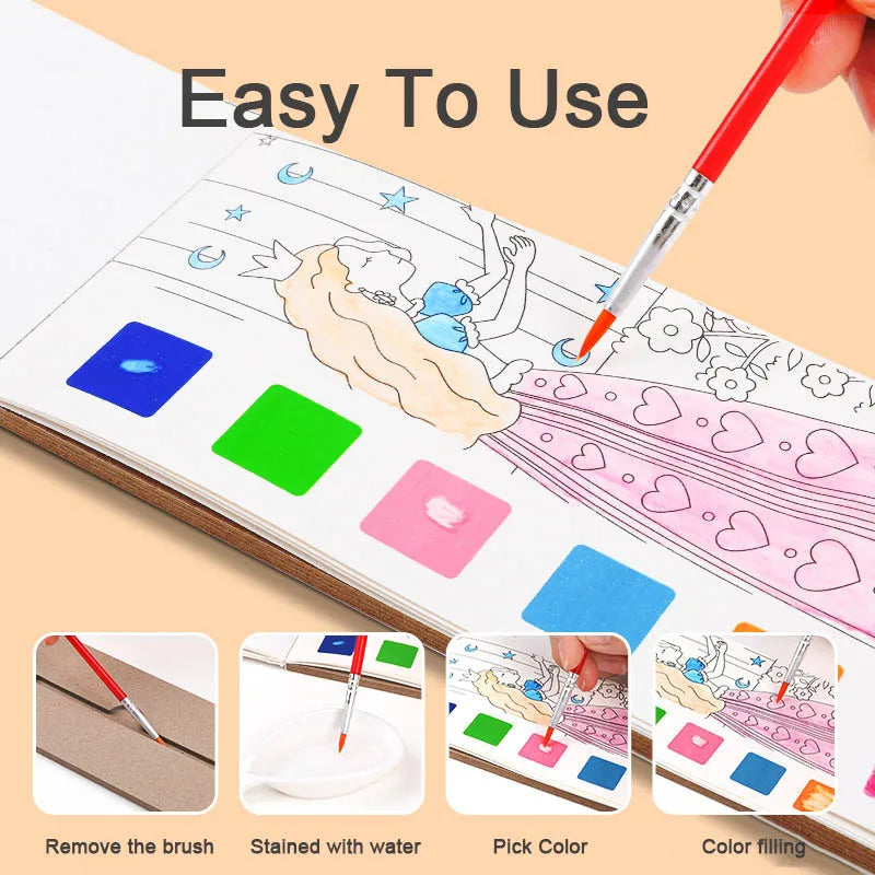 Kids Portable Watercolor Painting Book Paint With Water Brush Gouache