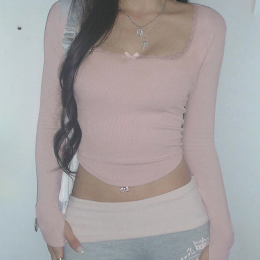 Cute Bandage Bow Cropped Top Pink Sweet Coquette Sweet T Shirts Fall