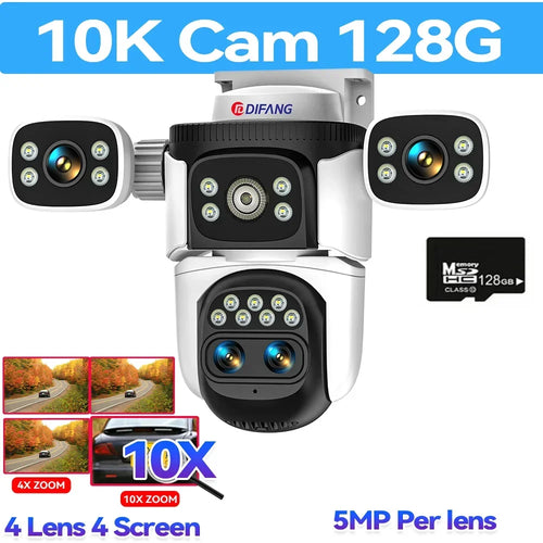 10K UHD WiFi6 IP Camera Outdoor 10X Zoom CCTV Surveillance Cam Four