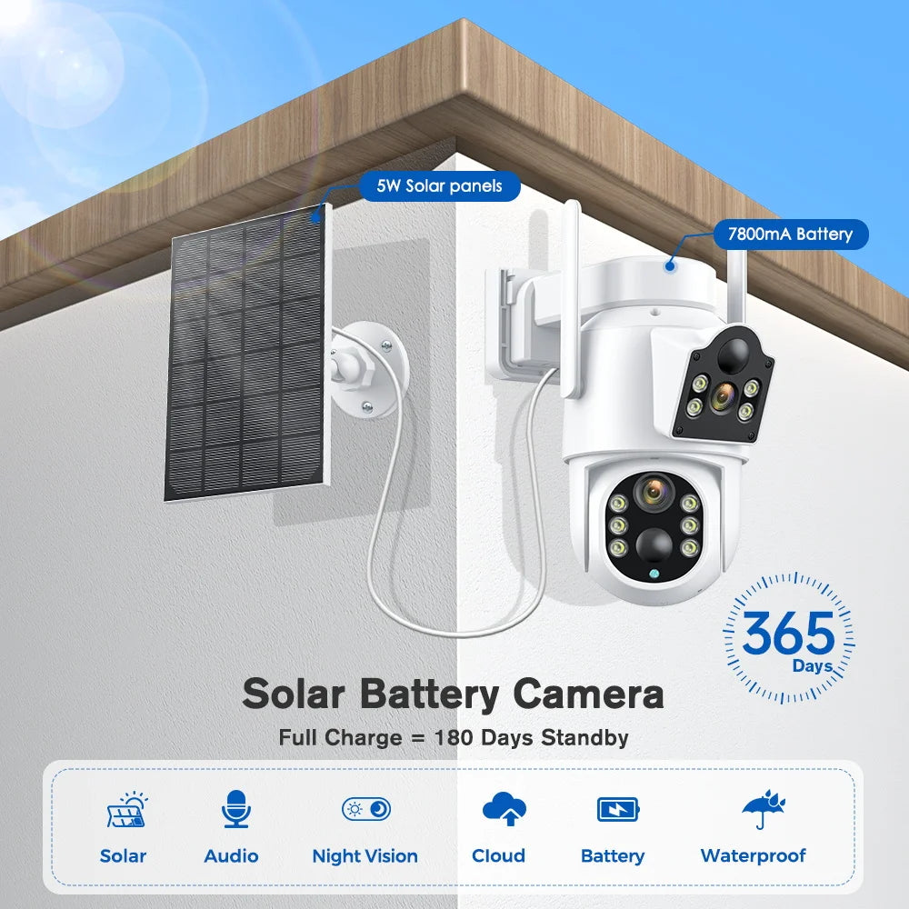 Solar IP Camera WiFi Outdoor Dual Lens PTZ Security Camera 4MP HD