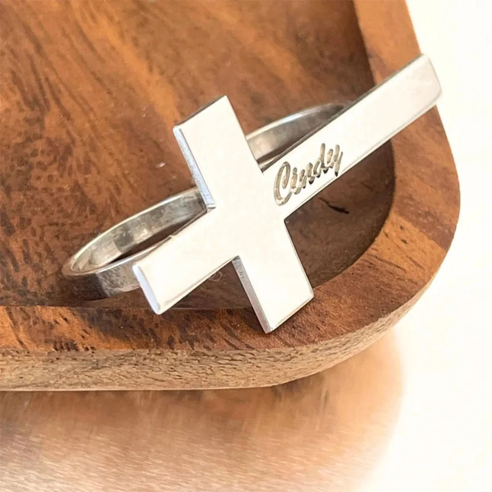 Custom Cross Ring Engraving Name Ring Men Stainless Steel Two Fingers