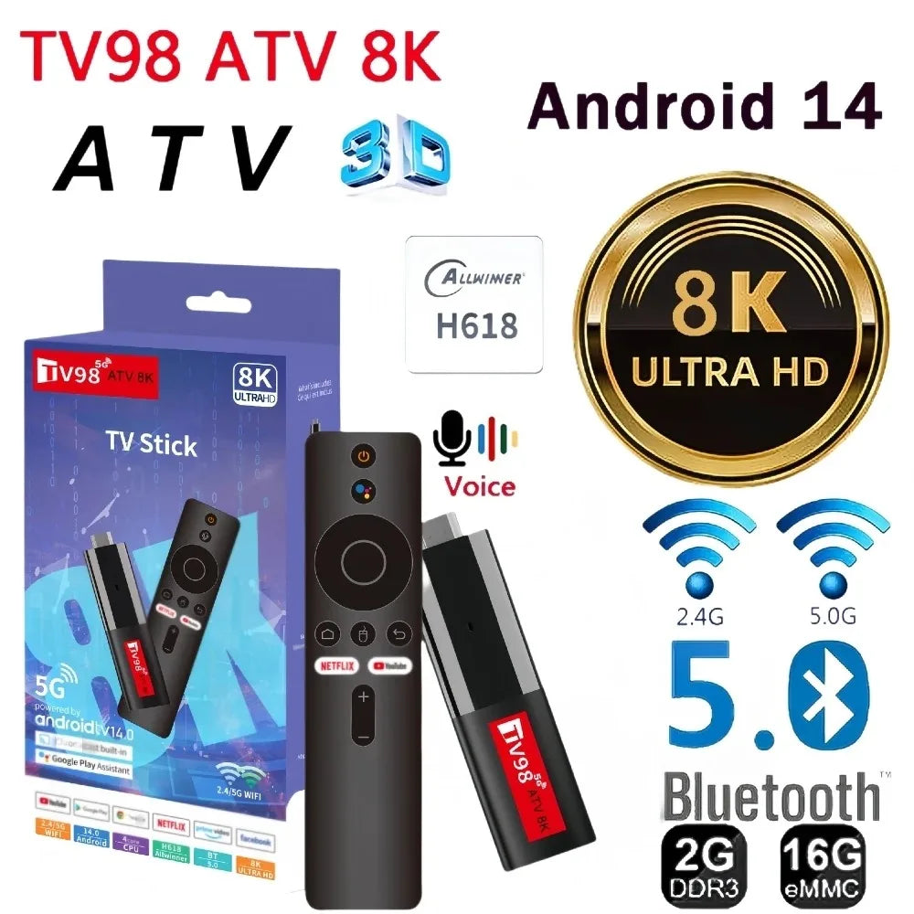 TV98 ATV Mini TV Stick Android 14 Allwinner H618 Quad Core Cortex A53