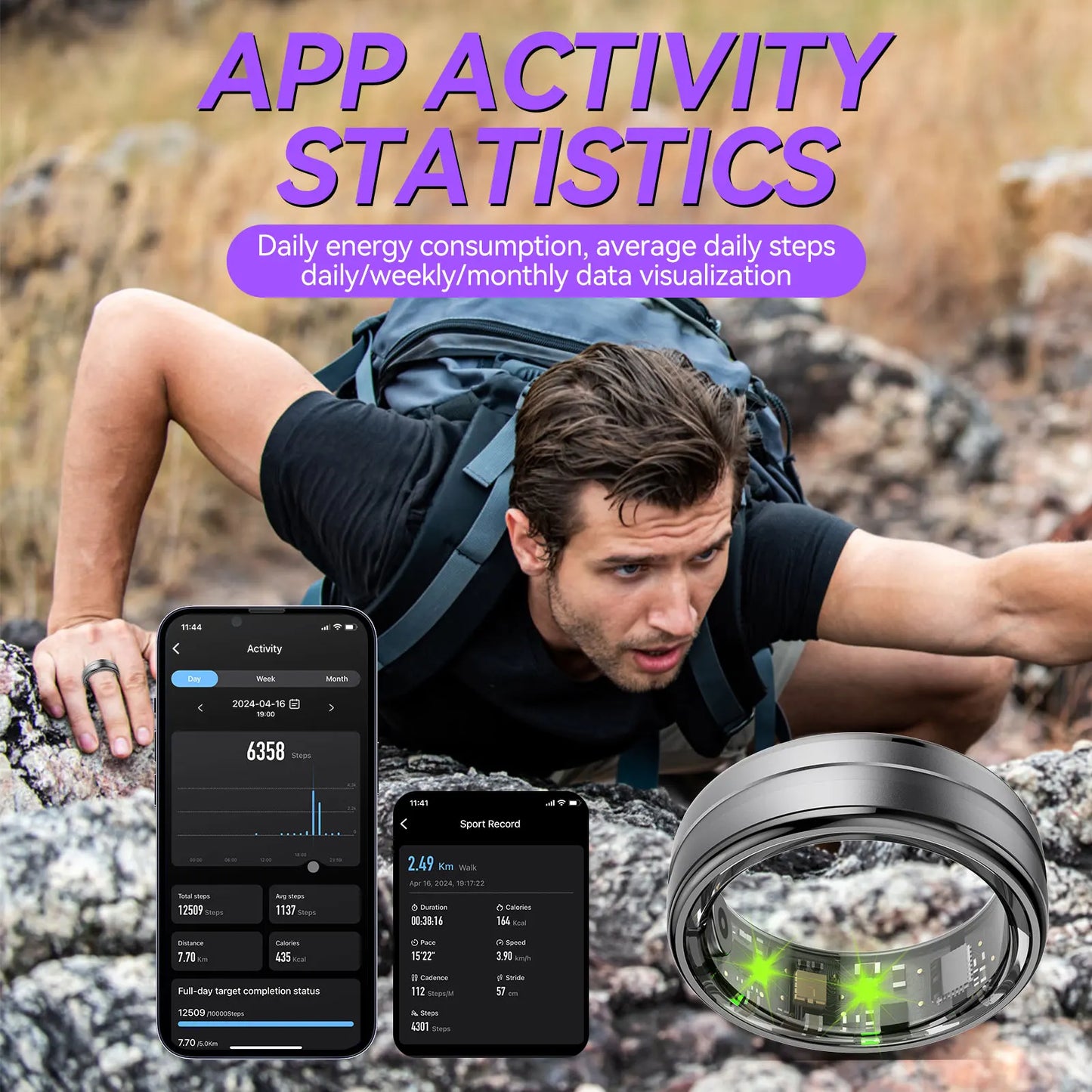 EIGIIS New Smart Ring Men Women, Heart Rate and Blood Oxygen Monitor,