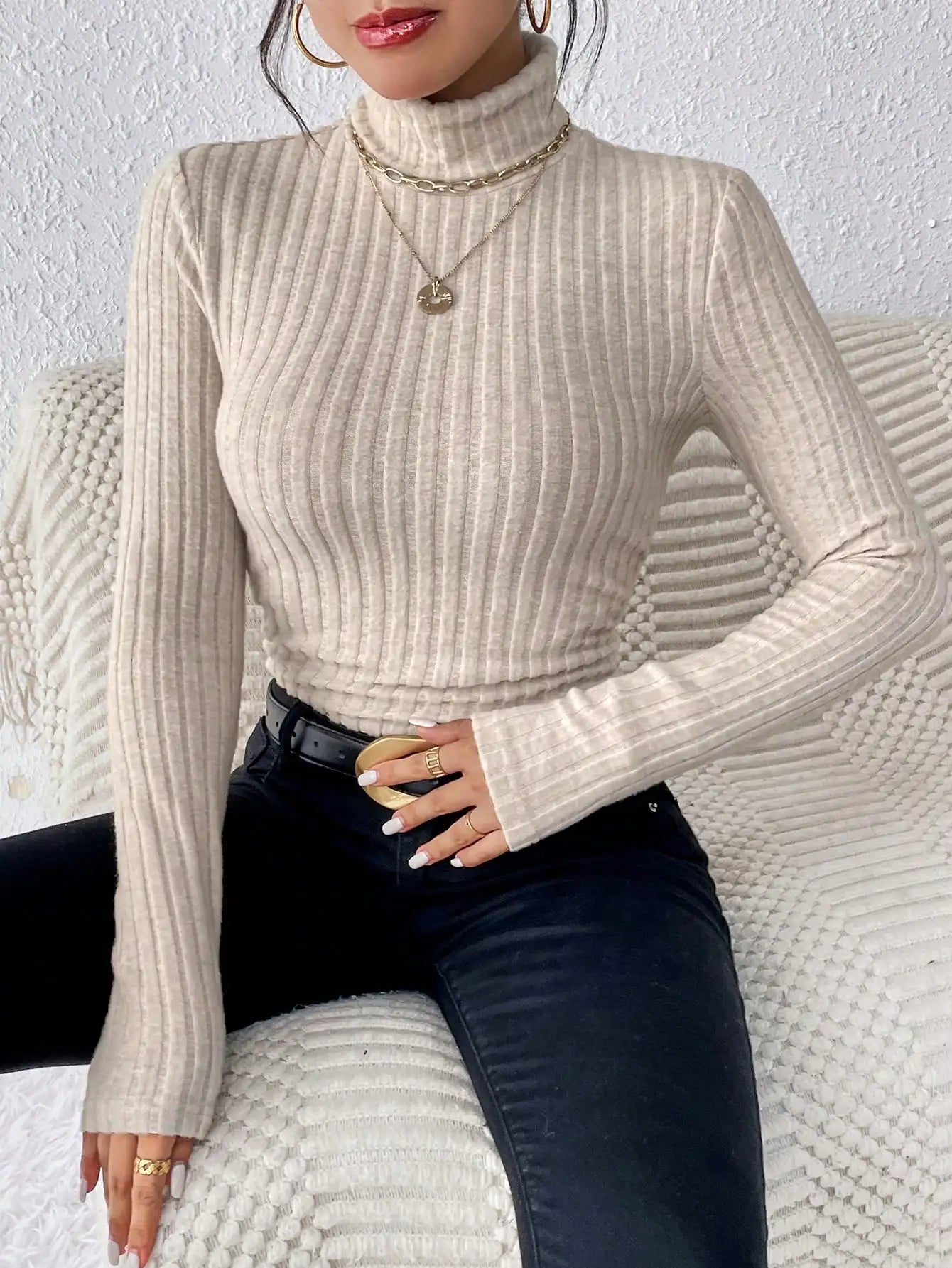 Autumn and Winter Sexy Texture Pit Stripe Slim Knit Long Sleeve