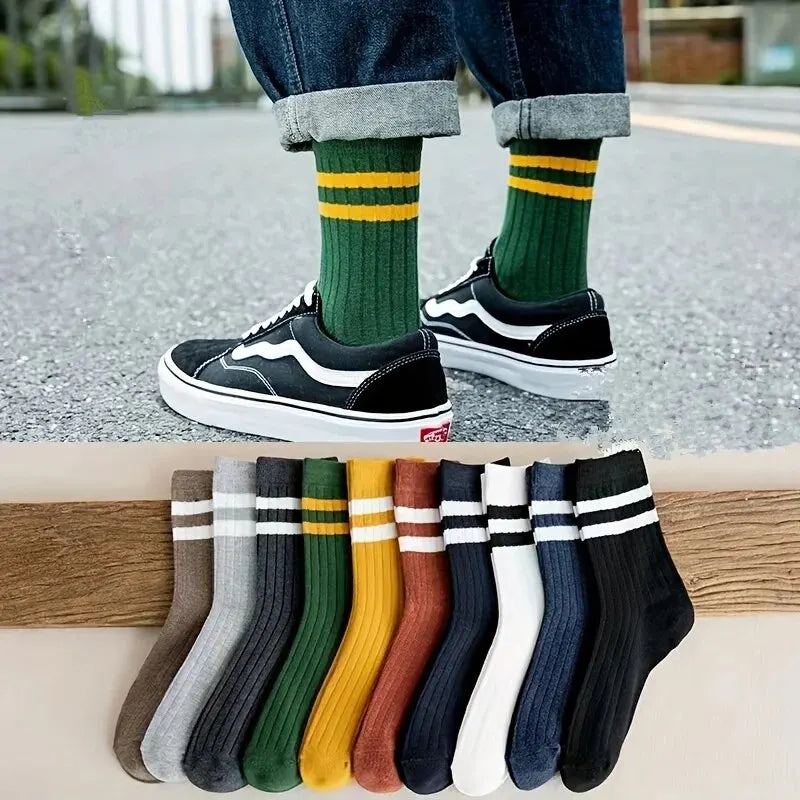 5 Pairs Of Men's Socks, Autumn And Winter Vintage Fun Fashion Athletic