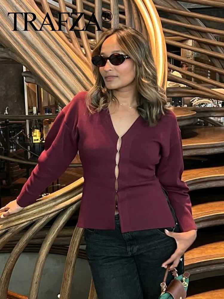 TRAFZA Women Elegant Knitted Coats Fashion Burgundy Red V-neck Slim