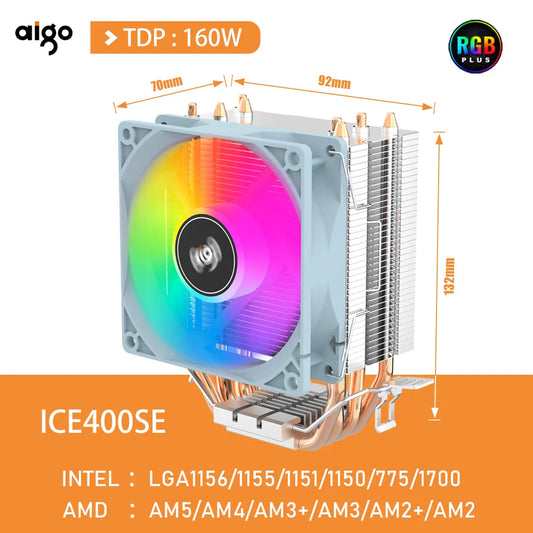 Aigo CPU Cooler 2 4 Heat Pipes PC Radiator Cooling 3PIN PWM Silent Rgb