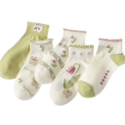 10 Pairs Women Low Socks Set With Cute Bear Pattern Fashionable Women