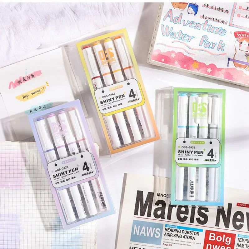 4 Colors Highlighter Pens Glitter Highlighter Markers Kawaii