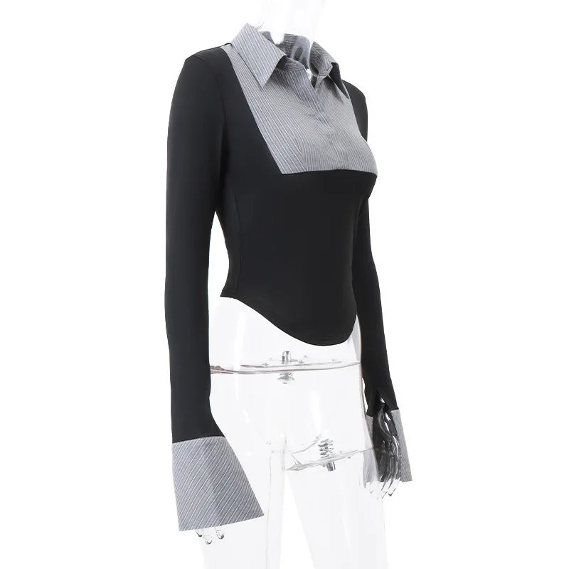 New Women Striped POLO Collar Retro Sexy Spicy Girl Long Sleeved Top