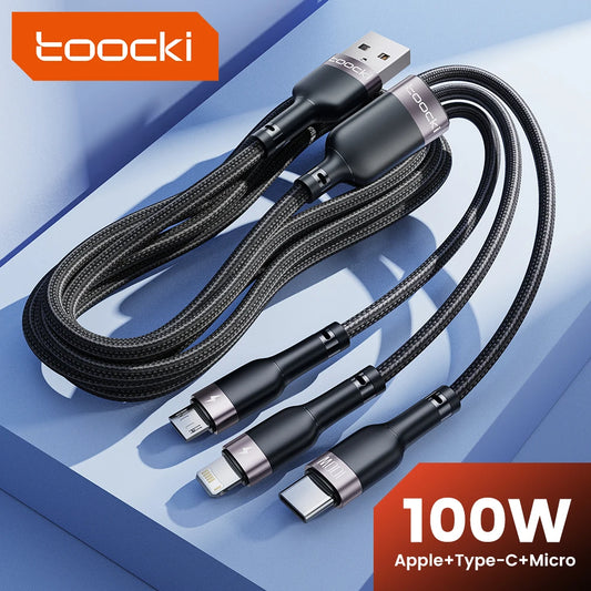 Toocki 3 in 1 USB Cable 6A 100W Micro USB Type C Charging Cable For