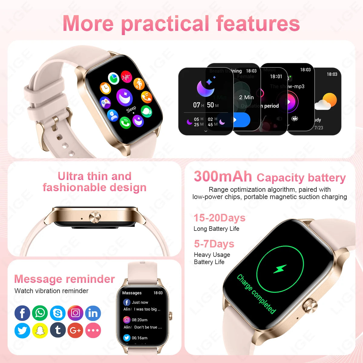LIGE Fashion Smart Watch Women 1.85” HD Screen Custom Watch Face