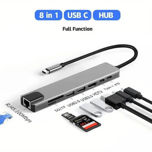8in1 Type C Hub USB C 8 In 1 USB3.1 To 4K HDMI Adapter with RJ45 SD/TF