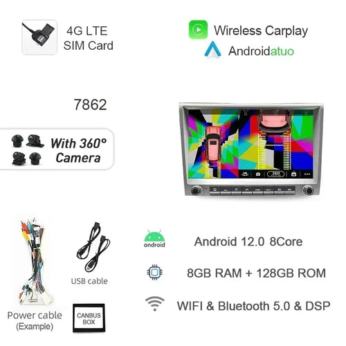 7862 720P Auto Android 13 12G+256G Car Radio GPS Player 4GB Carplay