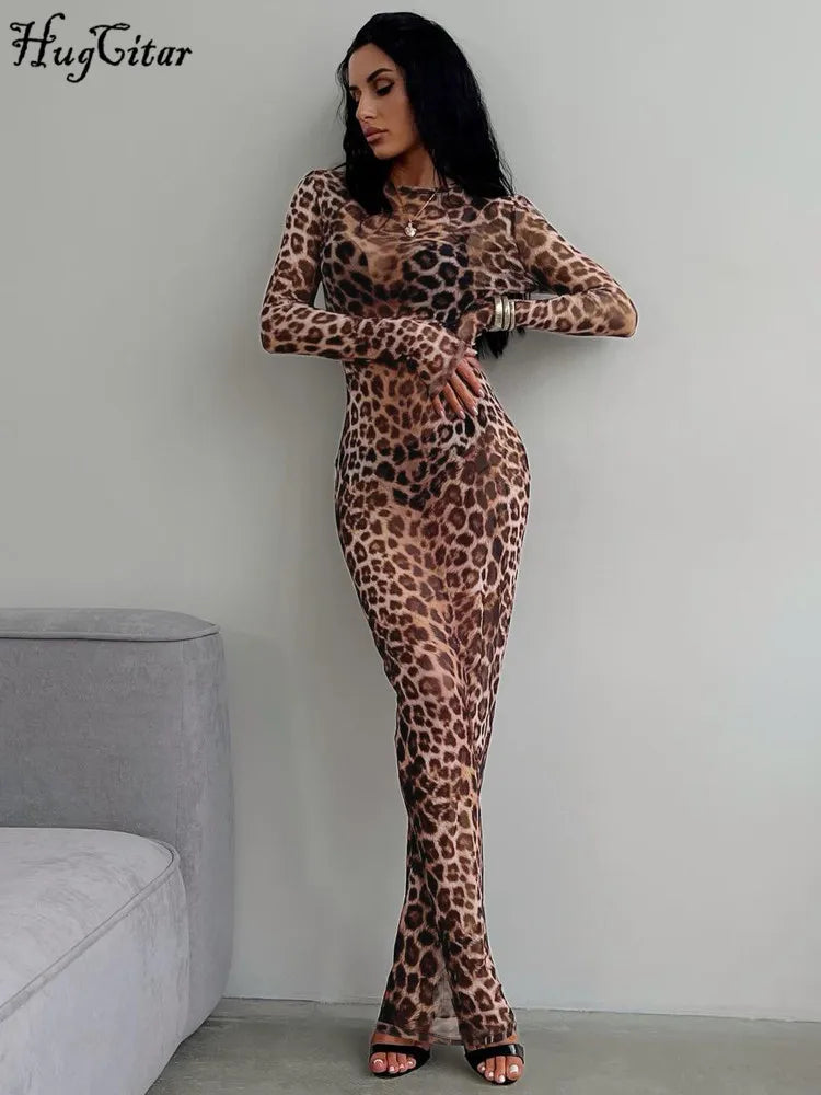 Hugcitar 2024 Leopard Print Mesh Long Sleeve Sexy Slim  See Through