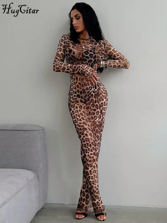 Hugcitar 2024 Leopard Print Mesh Long Sleeve Sexy Slim  See Through