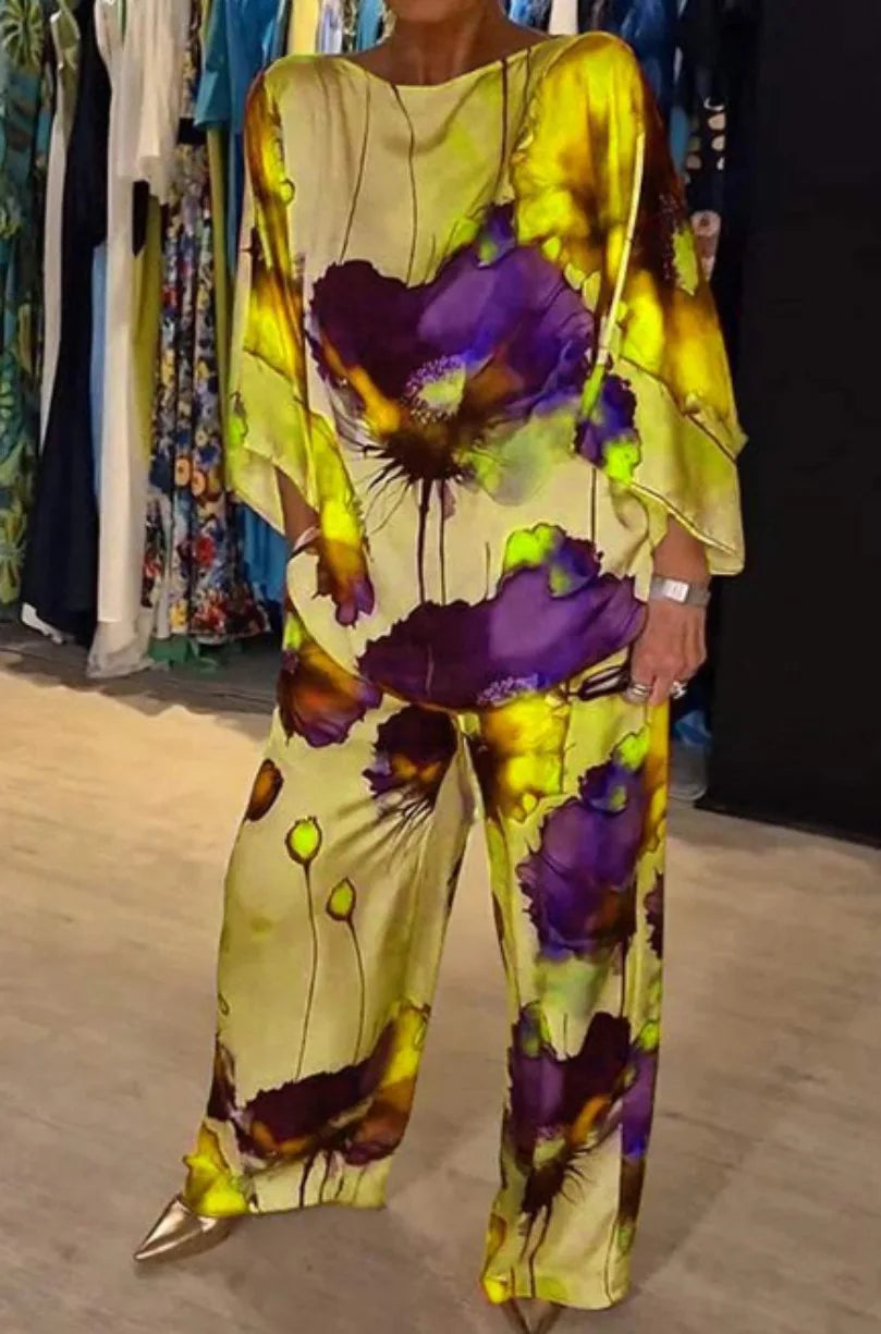 Conjuntos Para Mujeres 2 Piezas Women Printed Satin Two-piece Set, 3/4