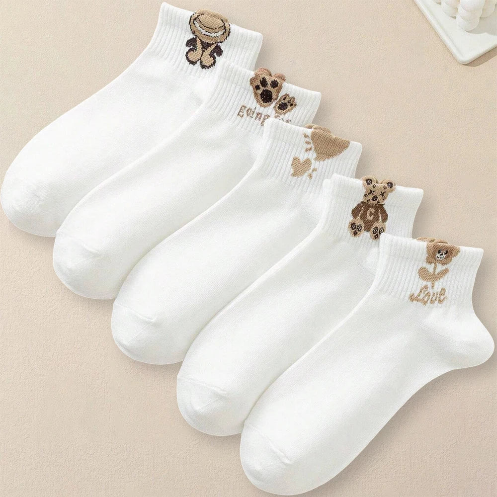 5/10/20 Pairs Women Cartoon Teddy Bear Patterned Ankle Socks Versatile