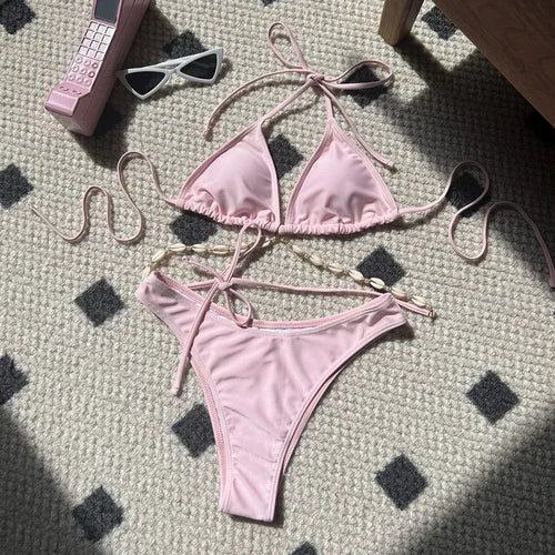 Sexy White Shell String Halter Triangle Bikini Set Women Swimwear