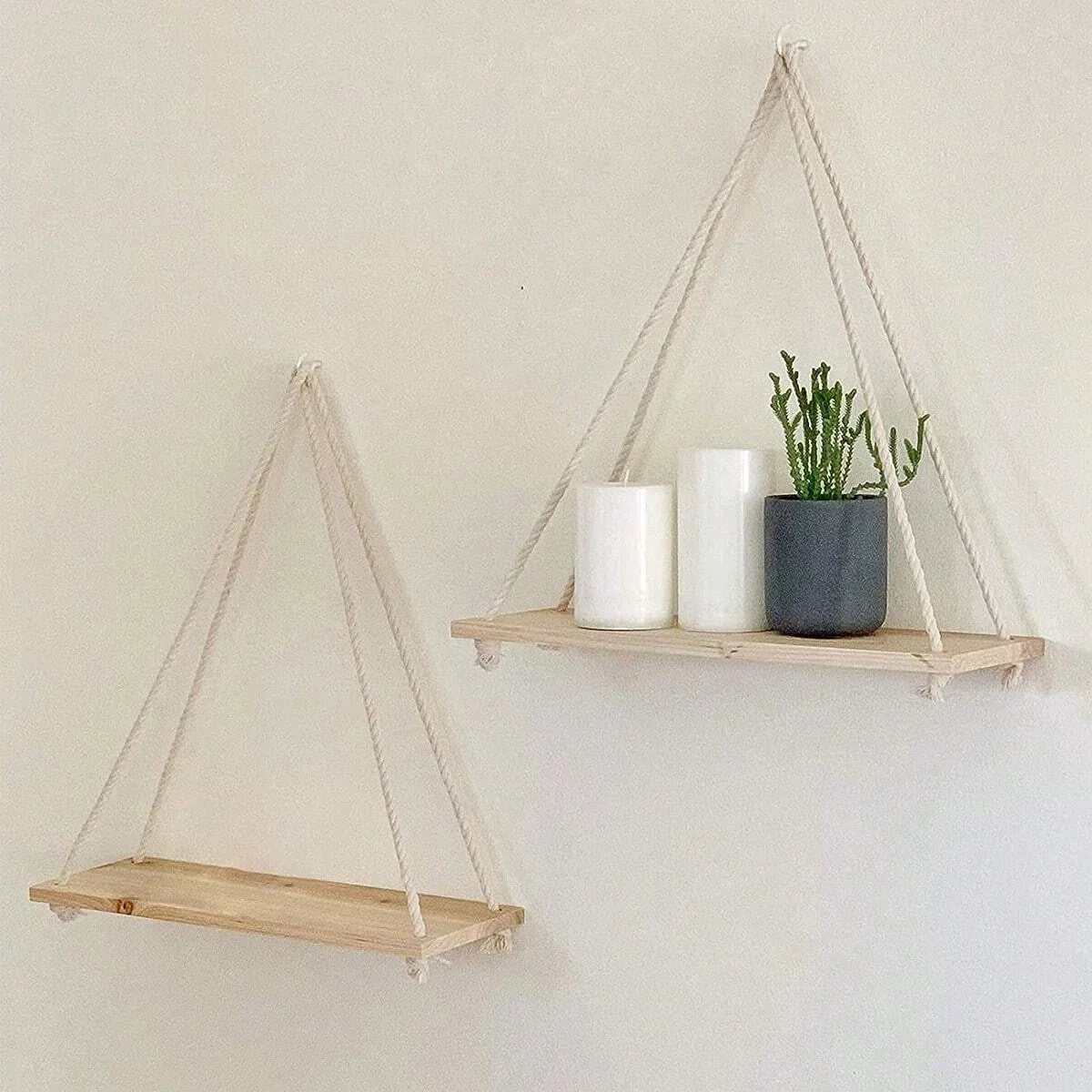 1PC Wooden Swing Hanging Hemp Rope Wall Shelve Mounted Floating Home