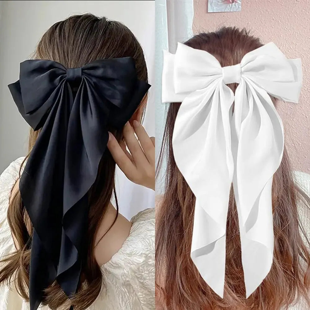 Women Elegant Bow Ribbon Hair Clip Fashion Solid Satin Spring Clip