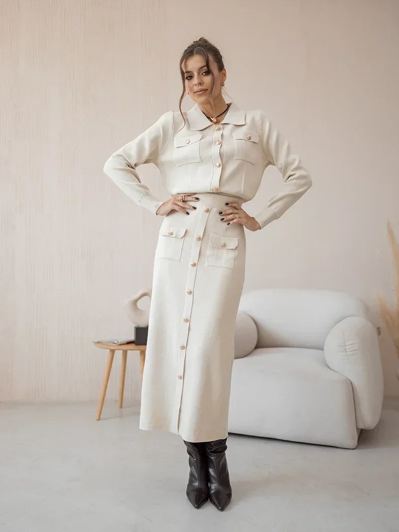 2024 Autumn Winter Elegant Knit Blazer Skirt Set Women Black White