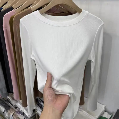 Autumn Office Lady Basic O-Neck Slim T-Shirt Women Solid Multi Color