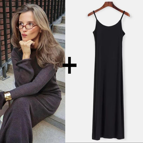 Spring Autumn O-Neck Elastic Knit Long Dresses Women 2024 Elegant Chic