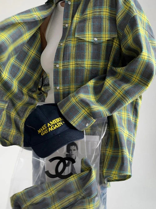 Mumaroho 2024 Women Autumn Winter Long Sleeve Blue Plaid Shirt Vintage