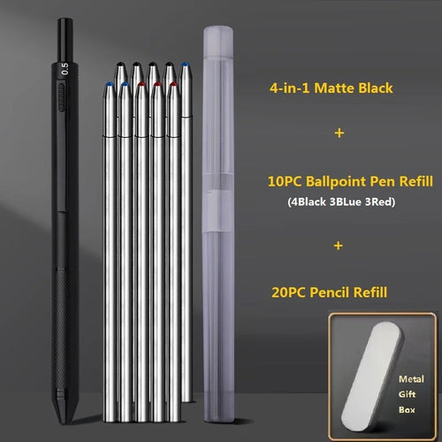 4 In 1 Multifunction Luxury Pen, 0.7mm 3 Color Ballpoint 0.5mm