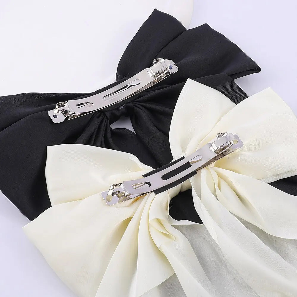 Women Elegant Bow Ribbon Hair Clip Fashion Solid Satin Spring Clip