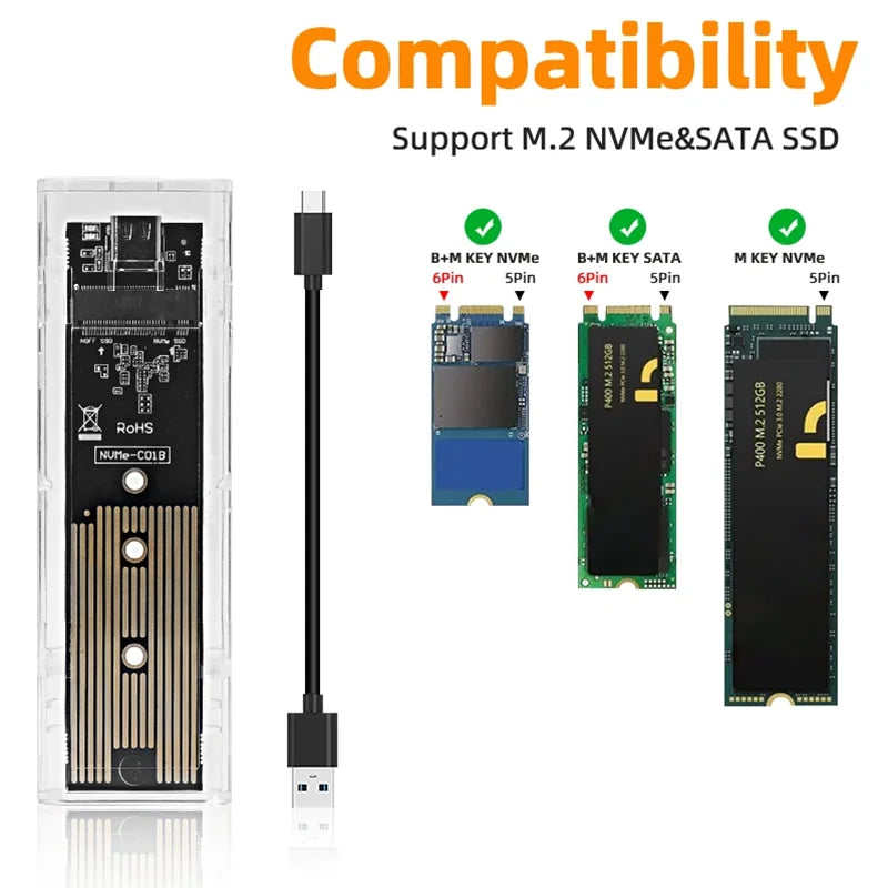 M.2 NVME PCIe NGFF SATA Dual Protocol SSD Case Clear USB Type C 10Gbps