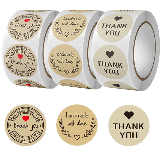 500Pcs Kraft Paper Handmade with Love Thank YOU Stickers DlY