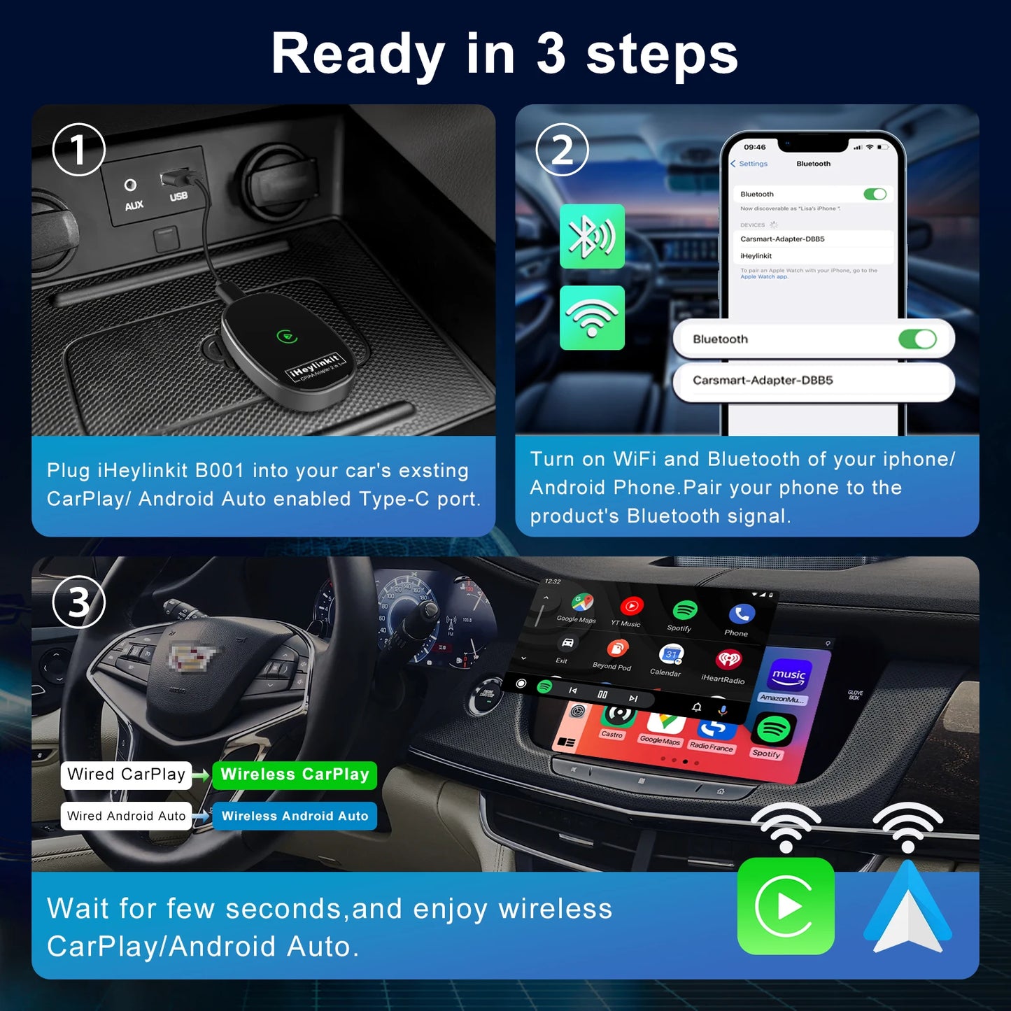 iHeylinkit 2024 NEW Wireless CarPlay Android Auto Wireless Adapter