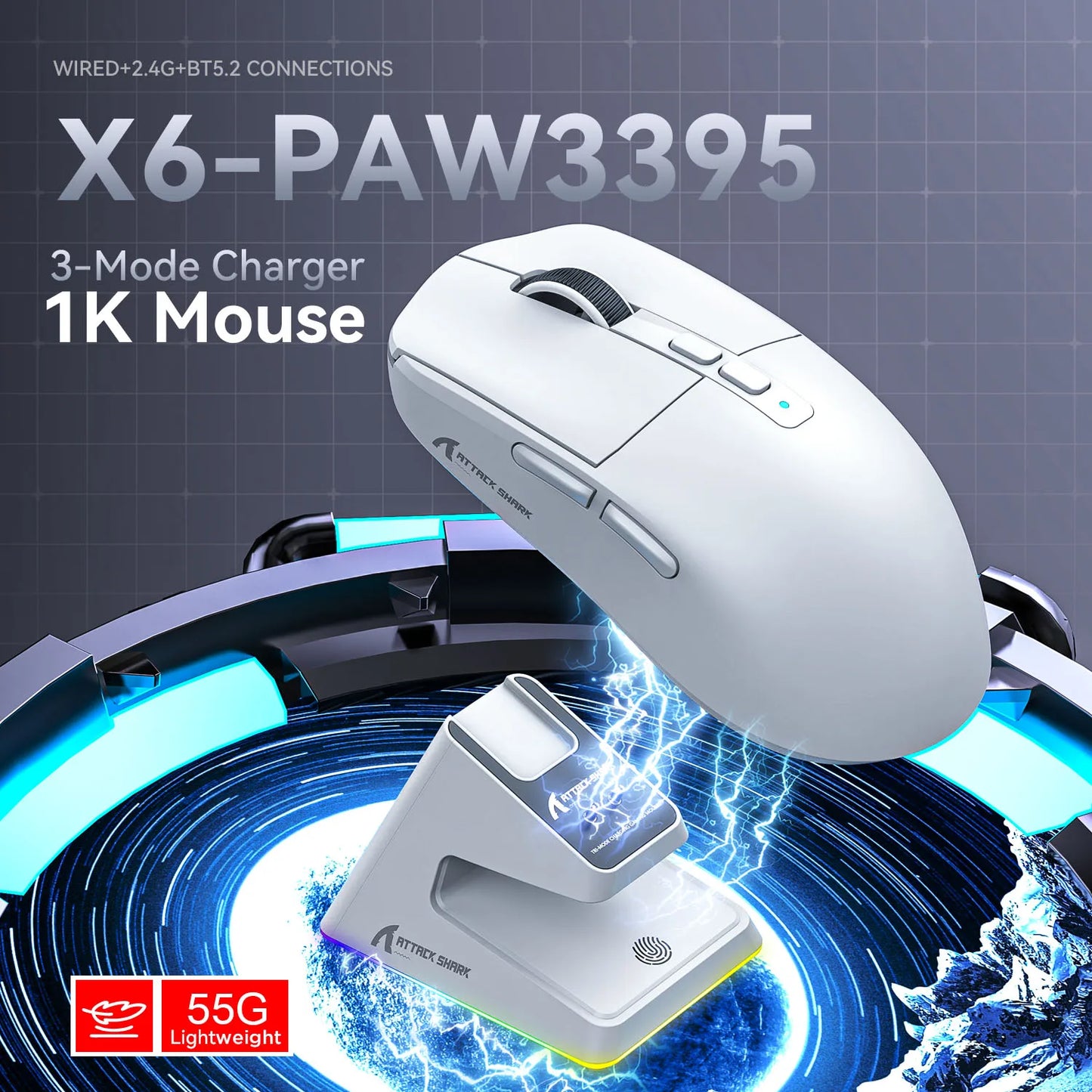 X6 PAW3395 Bluetooth Mouse , Tri-Mode Connection, RGB Touch Magnetic