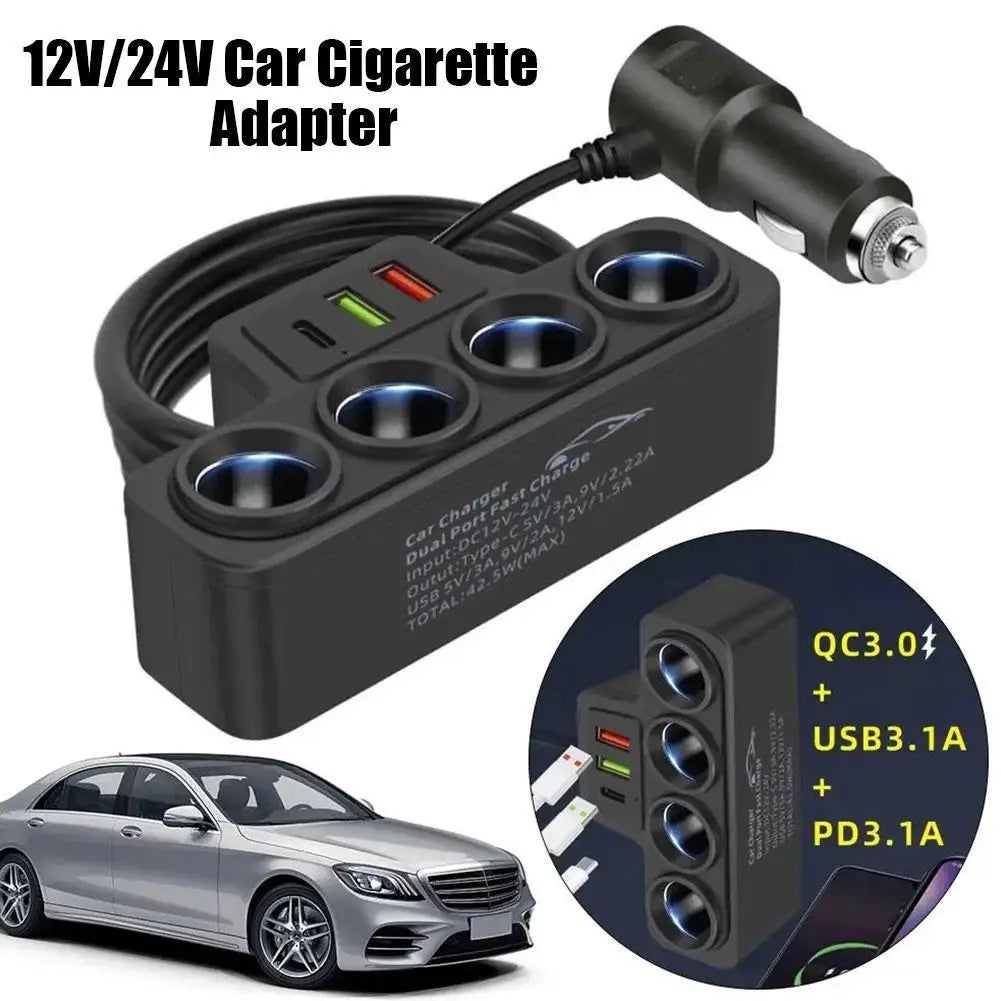 12V/24V Car Cigarette Lighter Adapter New 4-Socket 3.1A Charger