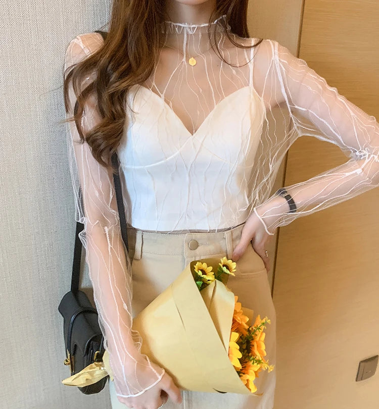 Elegant Lace T-shirt For Women Mesh Long Sleeve Tops Hot Sexy