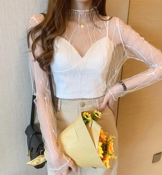 Elegant Lace T-shirt For Women Mesh Long Sleeve Tops Hot Sexy