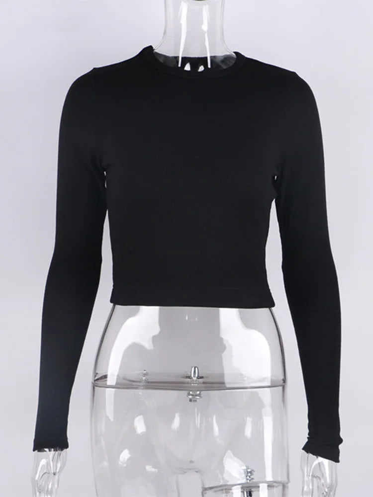 O Neck Long Sleeve Shirt Women Ribbed Sexy Cropped Tops 2022 Spring
