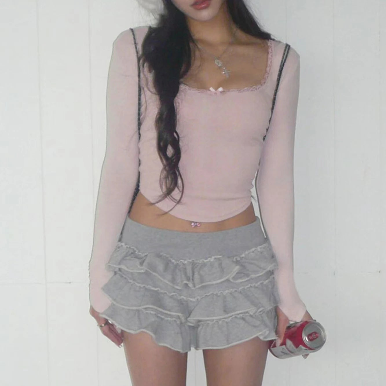Cute Bandage Bow Cropped Top Pink Sweet Coquette Sweet T Shirts Fall