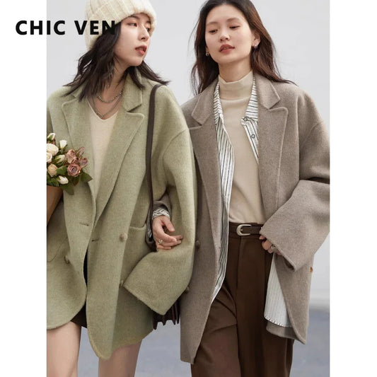 CHIC VEN Women's Woolen Coats Loose Casual Double Breasted Retro