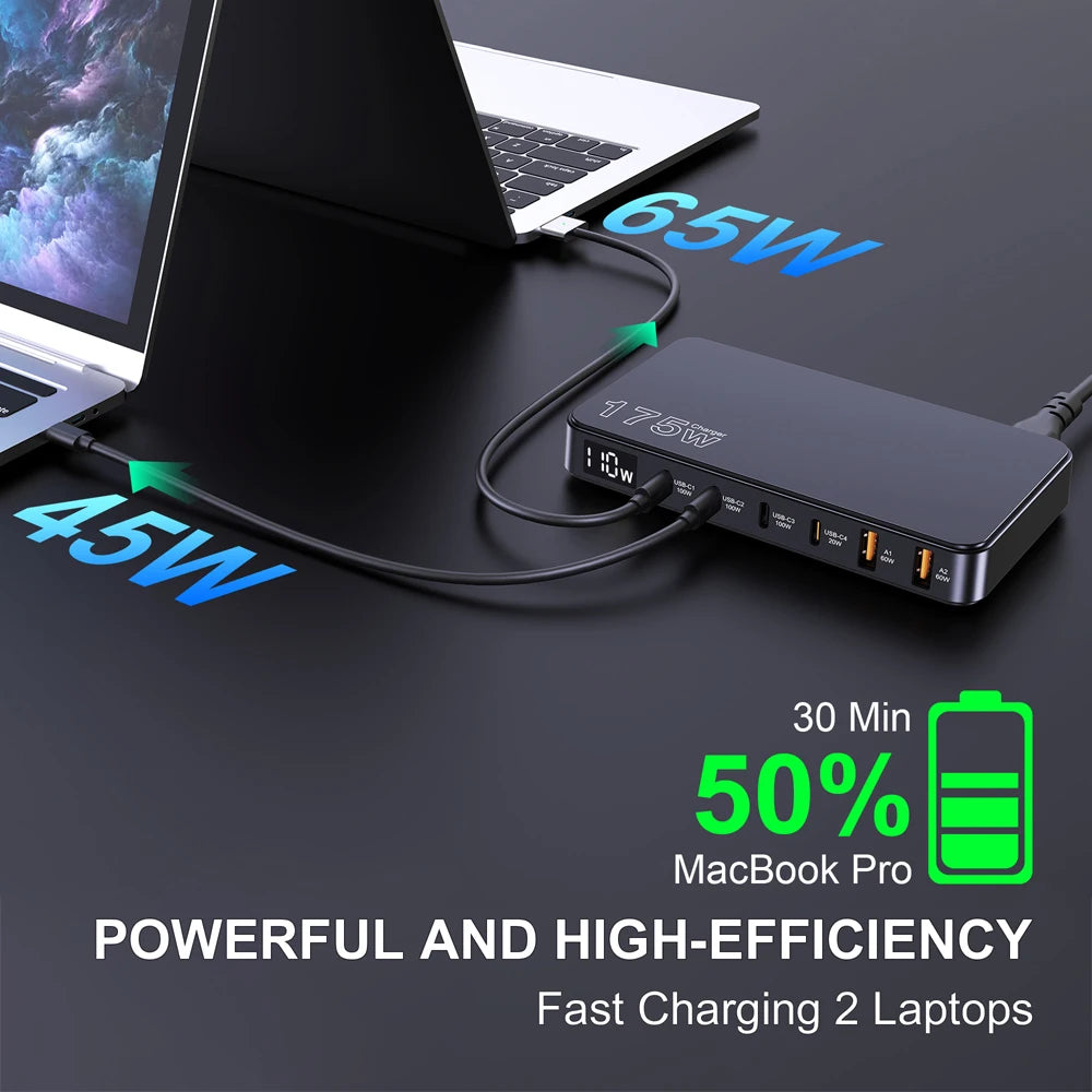 Ueetop 175W GaN USB C Charger LED Display 6-Port Desktop Charger Type