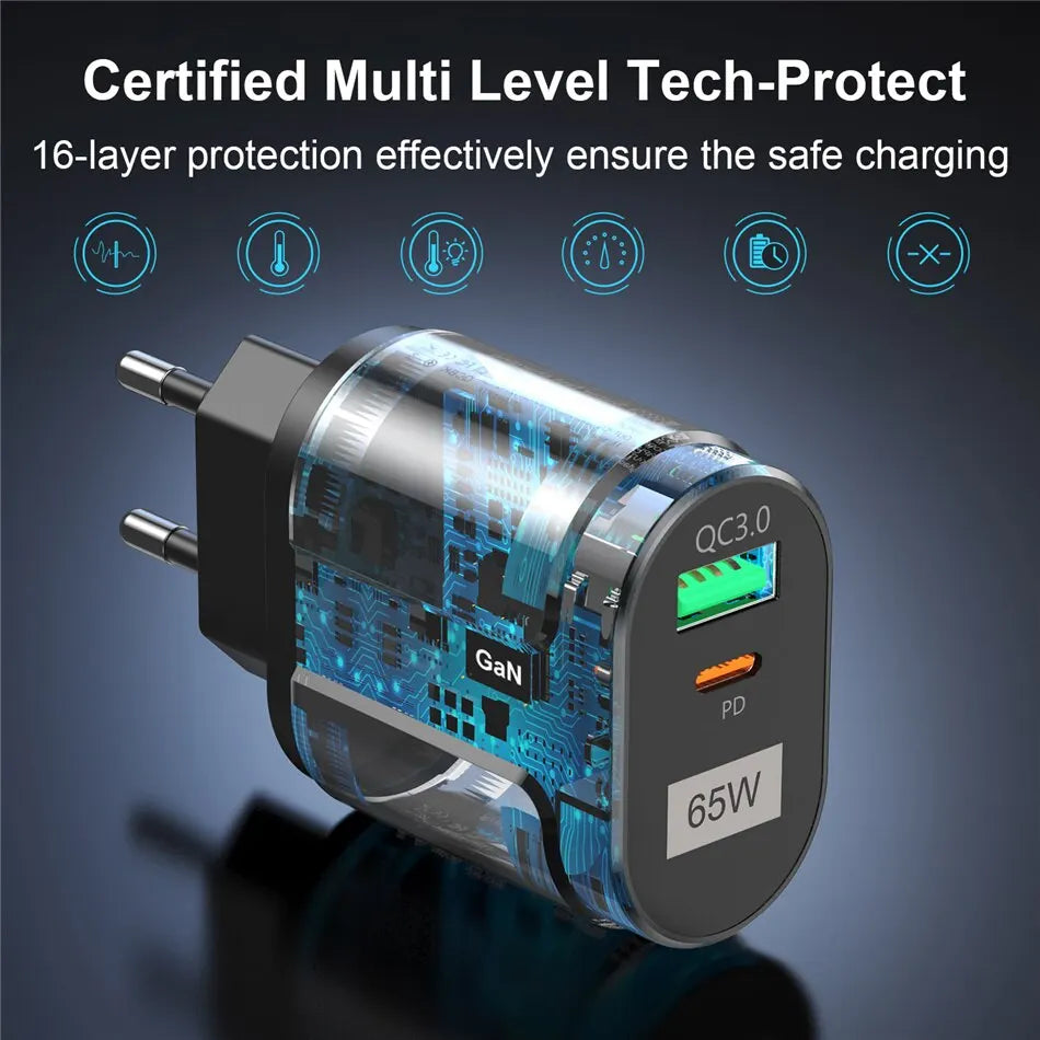 USLION 65W GaN USB C Charger Quick Charge Korea EU US Plug PD USB-C