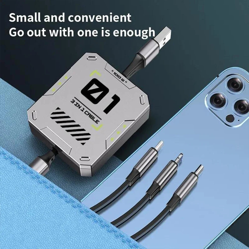Retractable USB Cable 100W Fast Charging 3 In 1 USB to Type