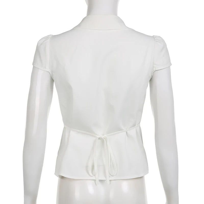 CIBBAR Vintage Folds Crop Top White Button Up Short Sleeve Blouse