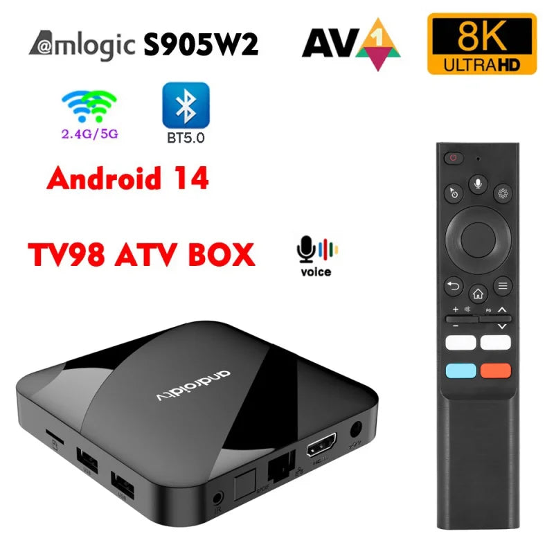 TV98 ATV W2 Smart TV Box Android 14 HD 8K 4K Amlogic S905W2 BT5.0 Dual