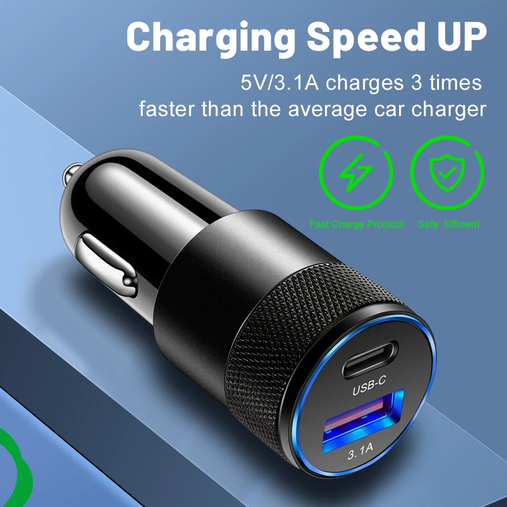 3.1A USB Car Charger Type C Fast Charging Phone Adapter For Xiaomi