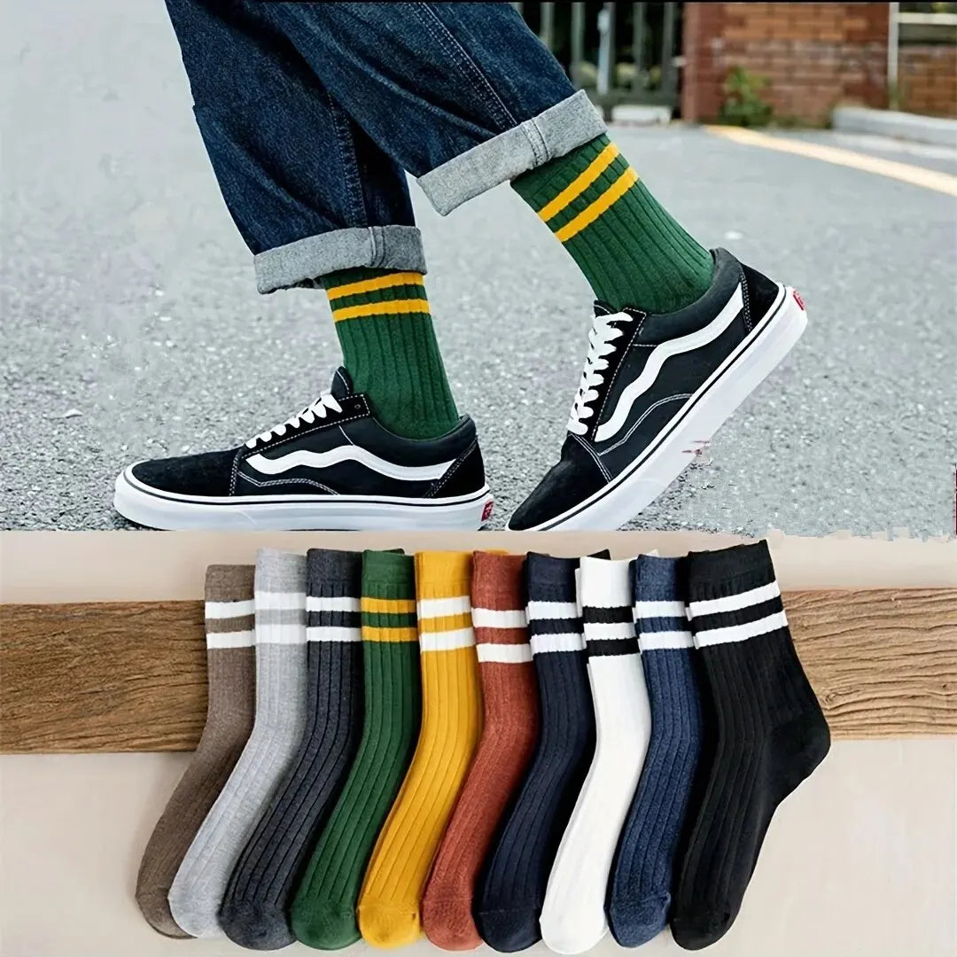 5 Pairs Of Men's Socks, Autumn And Winter Vintage Fun Fashion Athletic