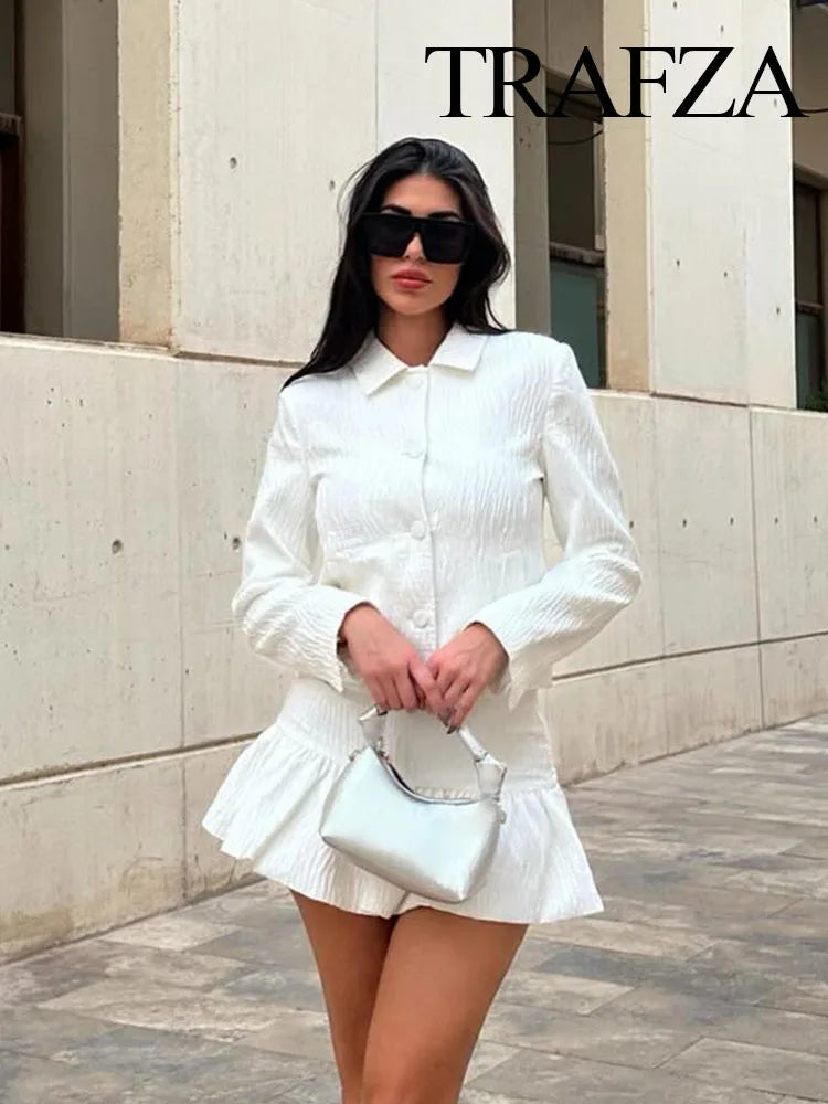 TRAFZA Spring Fashion Women Suit White Turn-Down Collar Long Sleeves