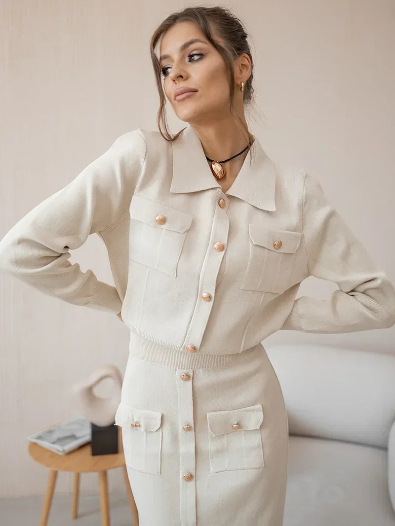 2024 Autumn Winter Elegant Knit Blazer Skirt Set Women Black White